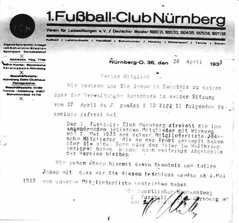 Der 1. FC Nürnberg schloss seine jüdischen Mitglieder aus.